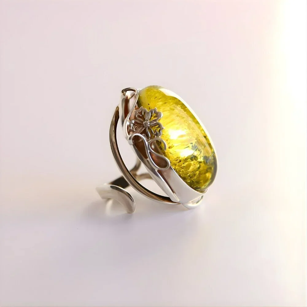 Baltic Green Amber Ring in Sterling Silver - Handmade